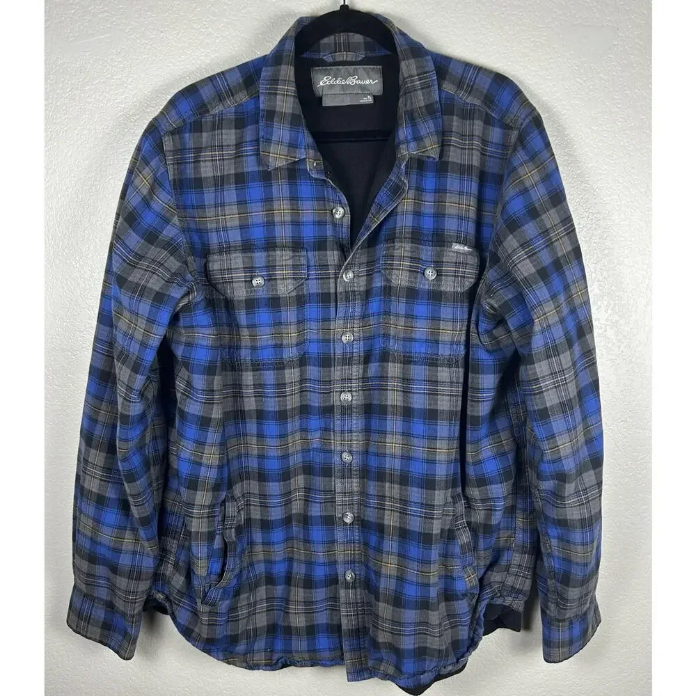 Eddie Bauer Shacket Men's Plaid Fleece Lined Flannel Gorpcore Blue Tall Large TL